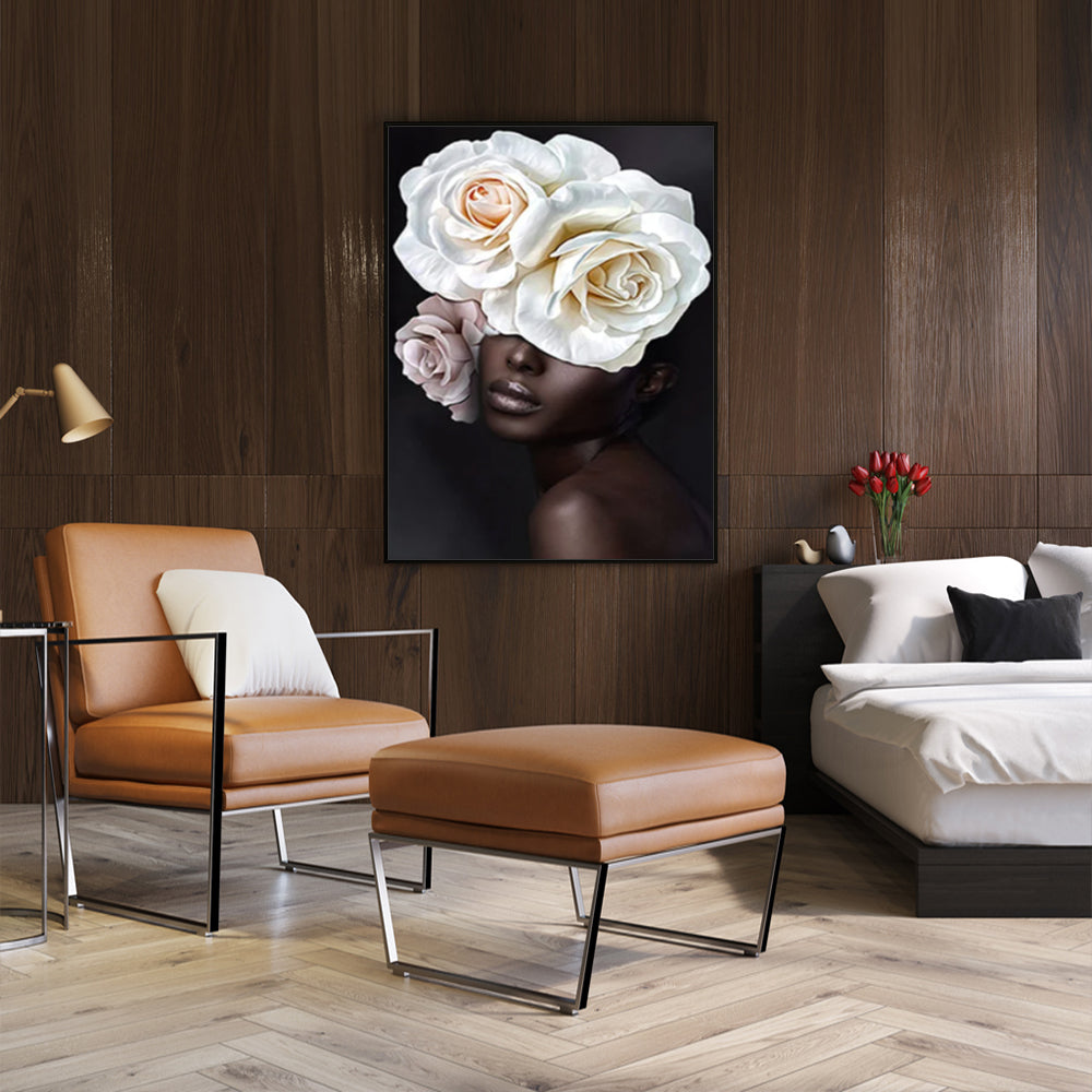 50cmx70cm Flower African Woman Black Frame Canvas Wall Art