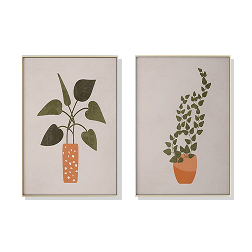 50cm x 70cm Boho Botanical Art Duo Canvas Wall Art: Nature-Inspired 2-Piece Set with Lustrous Gold Frame for Bohemian Home Elegance