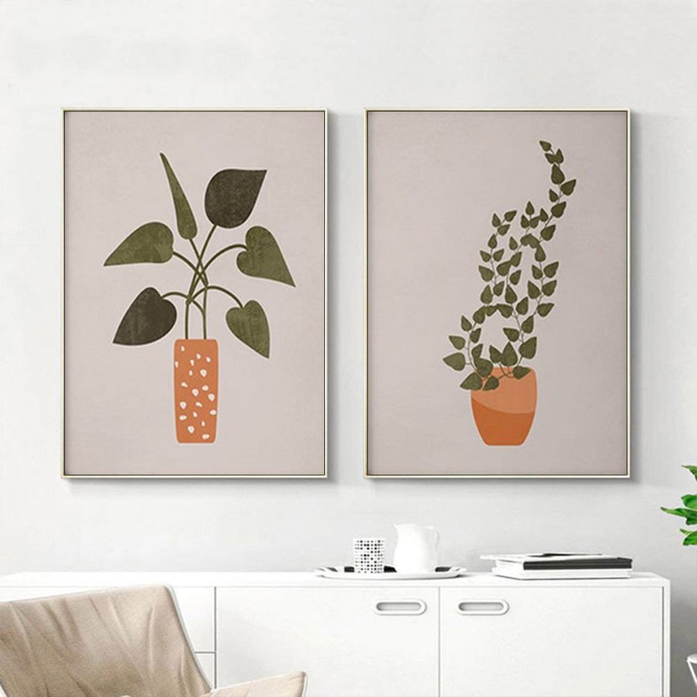 50cm x 70cm Boho Botanical Art Duo Canvas Wall Art: Nature-Inspired 2-Piece Set with Lustrous Gold Frame for Bohemian Home Elegance