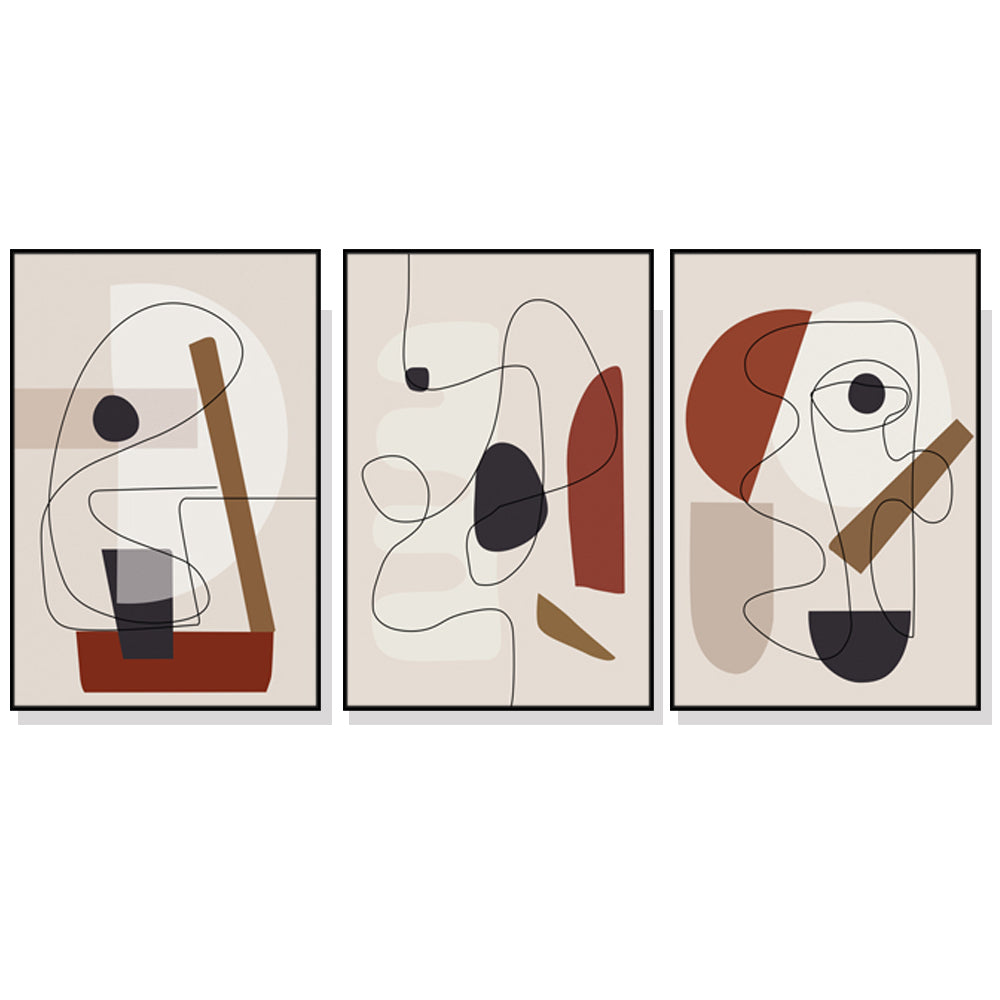 Picasso Inspired Abstract Line Art Canvas Wall Art Set of 3 with Black Frame (40cm x 60cm)