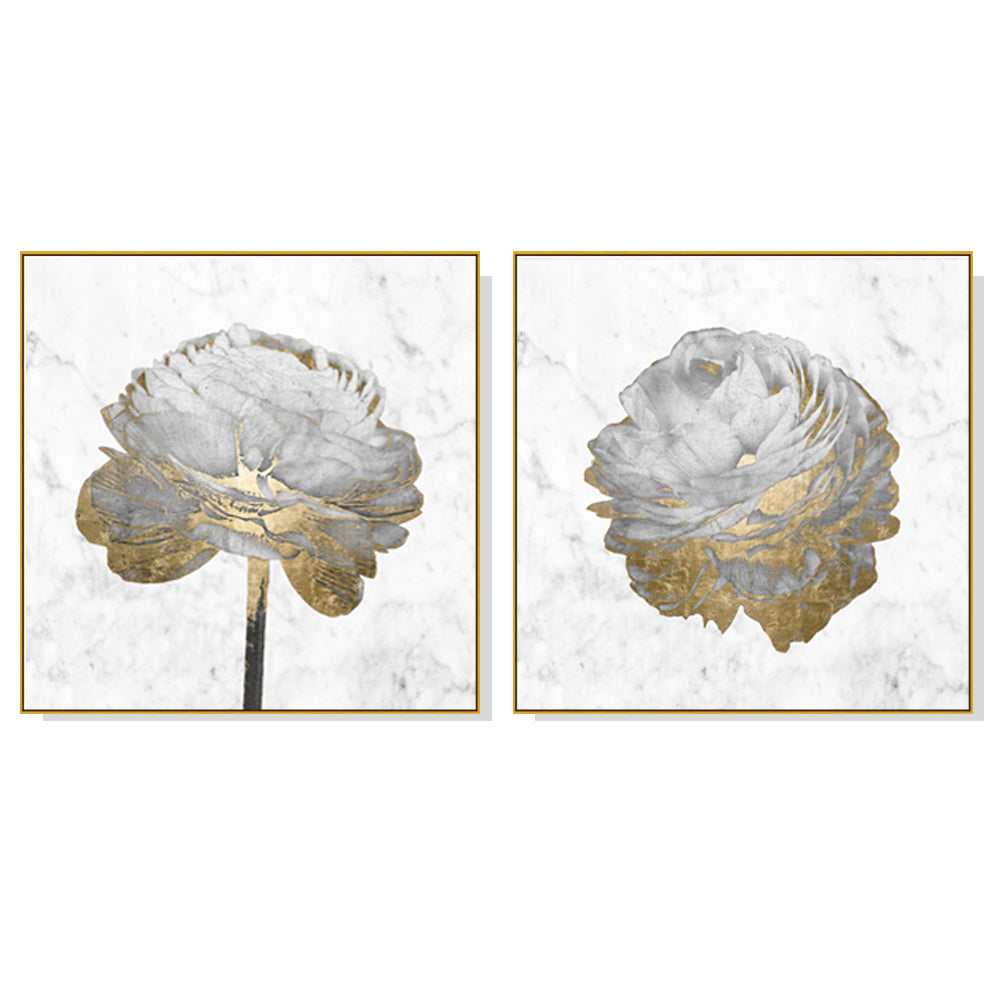 50cmx50cm Gold and White Blossoms on White Canvas Wall Art with Gold Frame - A Charming and Elegant Piece of Art for Your Home