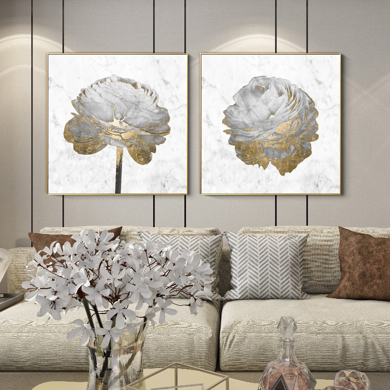 50cmx50cm Gold and White Blossoms on White Canvas Wall Art with Gold Frame - A Charming and Elegant Piece of Art for Your Home