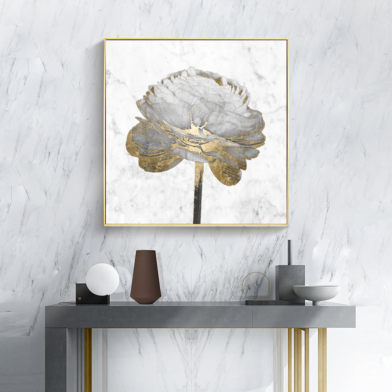 50cmx50cm Gold and White Blossoms on White Canvas Wall Art with Gold Frame - A Charming and Elegant Piece of Art for Your Home