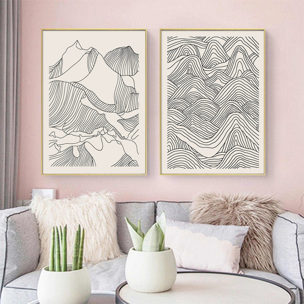 70cmx100cm Line Art Mountain 2 Sets Gold Frame Canvas Wall Art