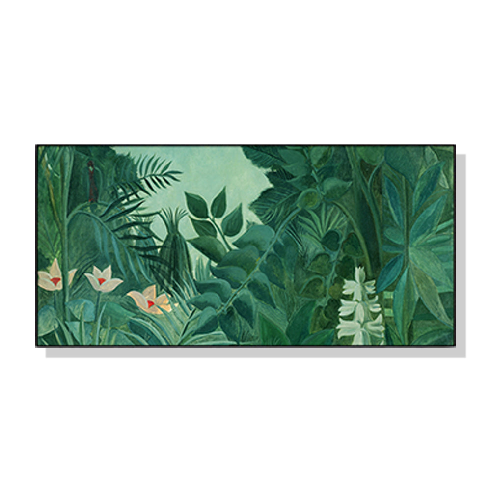 40cmx80cm The Equatorial Jungle Green Forest by Henri Rousseau Black Frame Canvas Wall Art - A Surreal and Mesmerising Piece of Art for Your Home