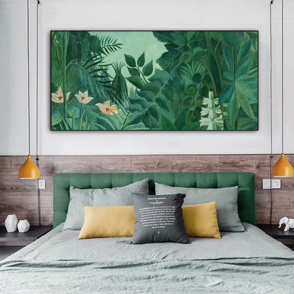 40cmx80cm The Equatorial Jungle Green Forest by Henri Rousseau Black Frame Canvas Wall Art - A Surreal and Mesmerising Piece of Art for Your Home