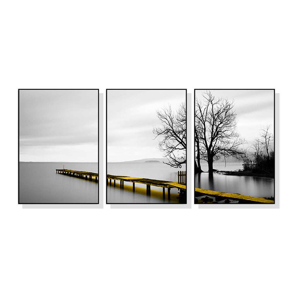 Calm Lake Bridge Tree Scene 3 Piece Canvas Wall Art Set with Black Frame (40cm x 60cm)