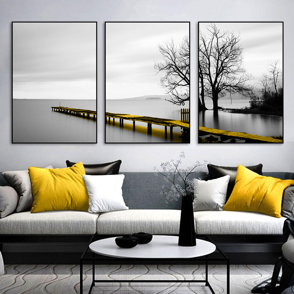 Calm Lake Bridge Tree Scene 3 Piece Canvas Wall Art Set with Black Frame (40cm x 60cm)