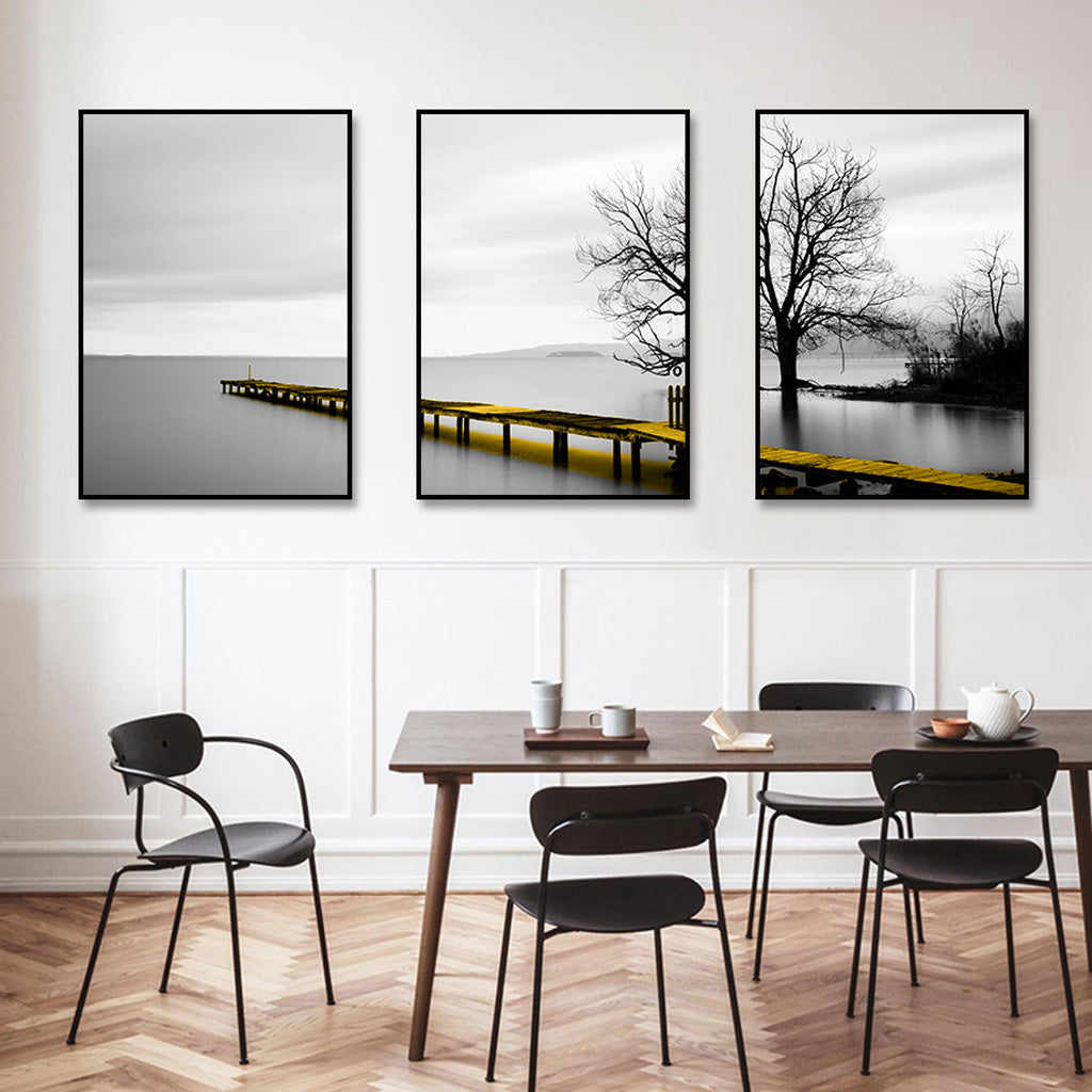 Calm Lake Bridge Tree Scene 3 Piece Canvas Wall Art Set with Black Frame (40cm x 60cm)