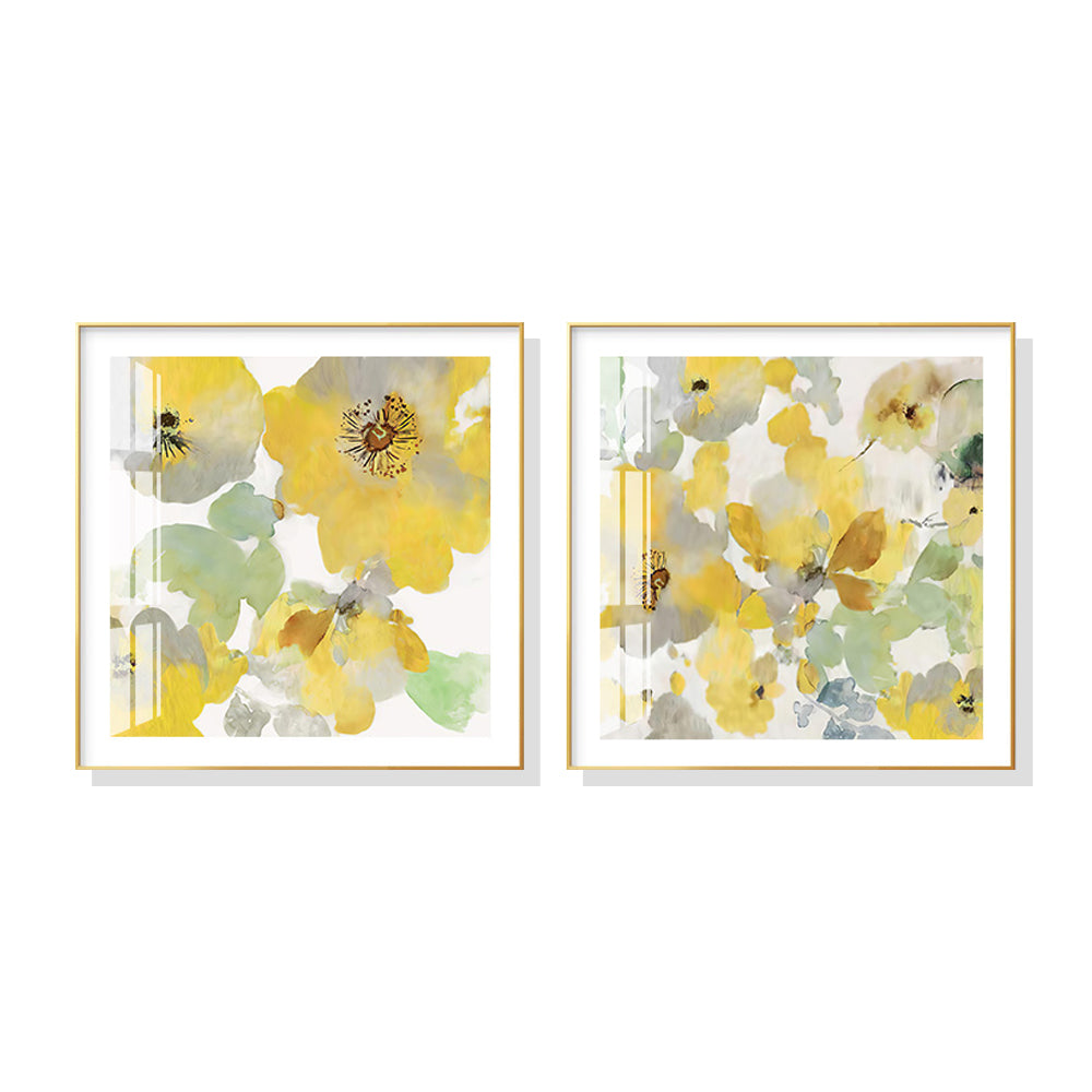 Set of 2 American-Style Yellow Flower Canvas Wall Art: 50cm x 50cm with Luxurious Gold Frame - Vintage Floral Decor for Modern Home Interiors