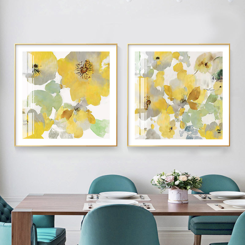 Set of 2 American-Style Yellow Flower Canvas Wall Art: 50cm x 50cm with Luxurious Gold Frame - Vintage Floral Decor for Modern Home Interiors