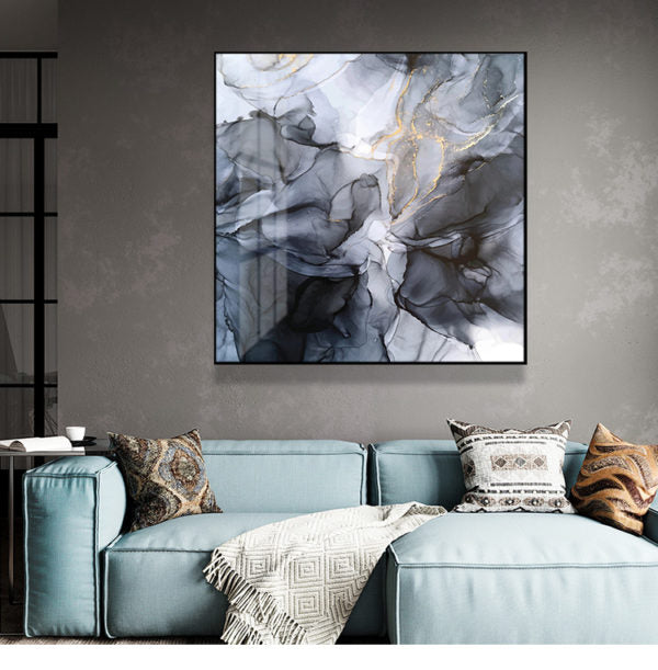 50cmx50cm Marbled Black & Grey Canvas Wall Art with Black Frame - A Modern and Elegant Piece of Art for Your Home