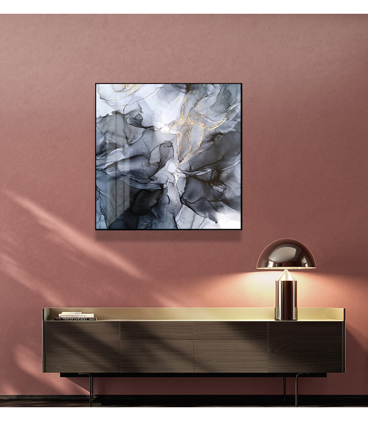 60cmx60cm Marbled Black Grey Black Frame Canvas Wall Art