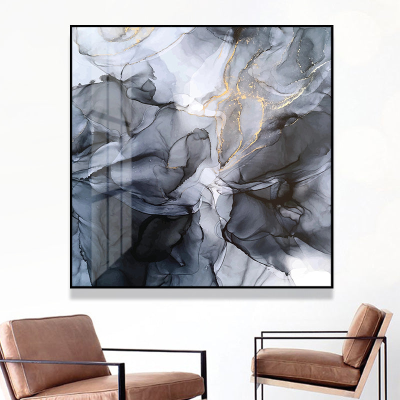 70cmx70cm Marbled Black Grey Black Frame Canvas Wall Art