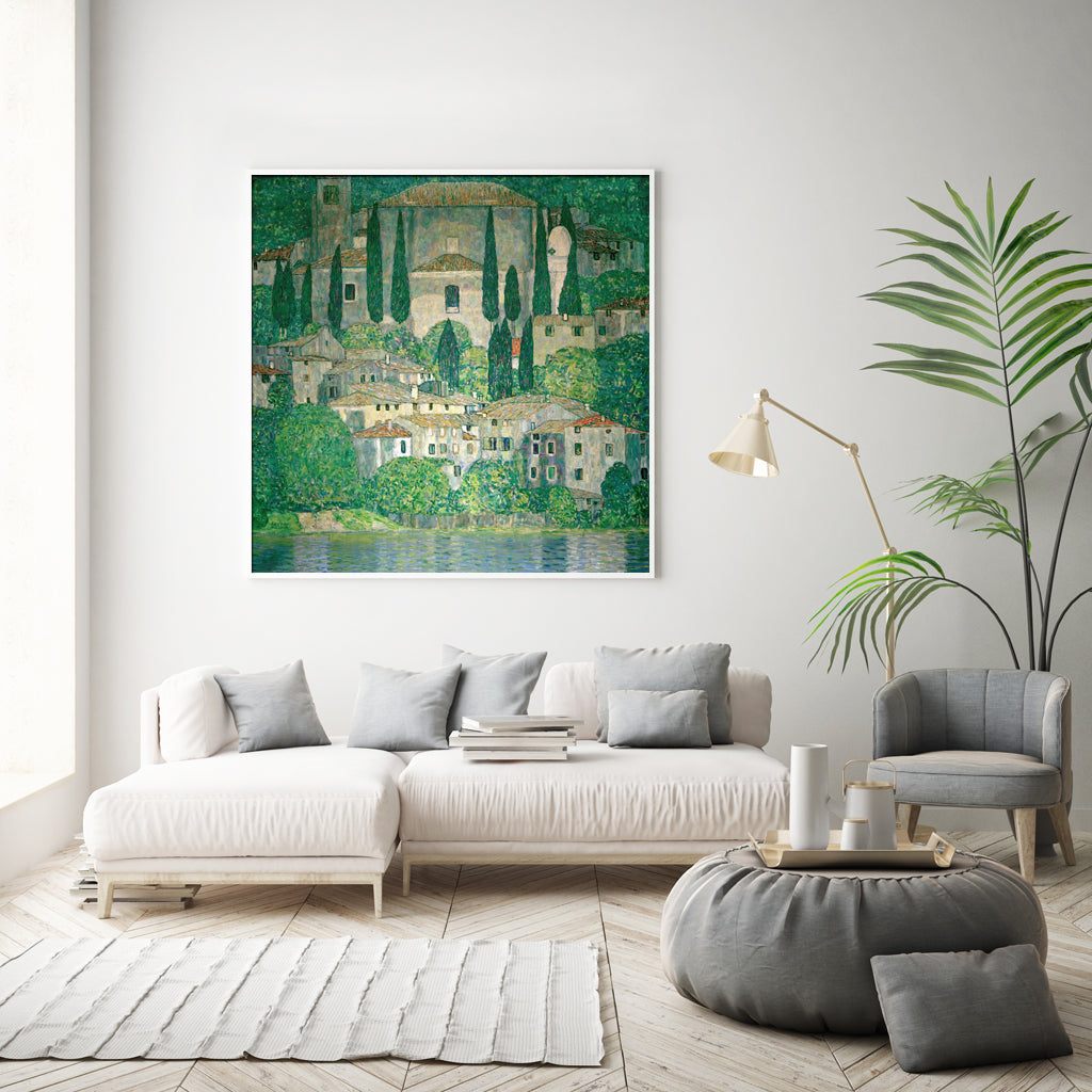 50cmx50cm Kirche In Cassone by Gustav Klimt White Frame Canvas Wall Art - A Subtle and Elegant Piece of Art Inspired by the Works of Gustav Klimt