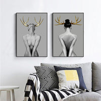 Thumbnail for 50cmx70cm Girl With Gold Horn 2 Sets Black Frame Canvas Wall Art