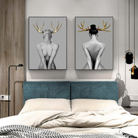 Thumbnail for 50cmx70cm Girl With Gold Horn 2 Sets Black Frame Canvas Wall Art