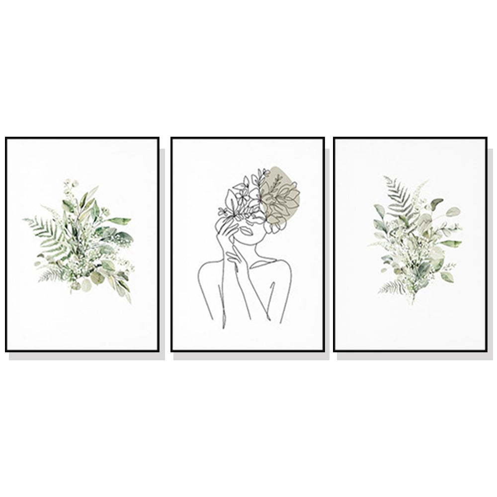 Botanical Line Art Girl Canvas Wall Art Set of 3 with Black Frame (40cm x 60cm)