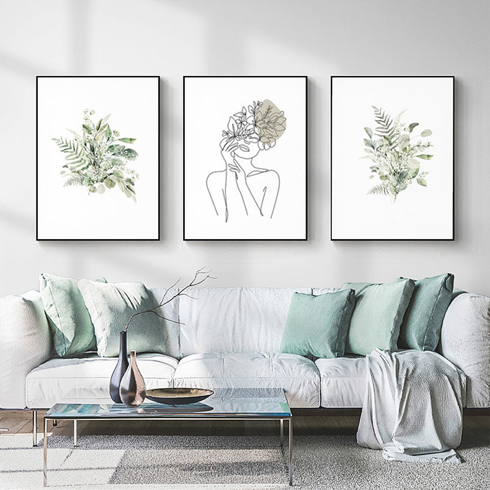 Botanical Line Art Girl Canvas Wall Art Set of 3 with Black Frame (40cm x 60cm)