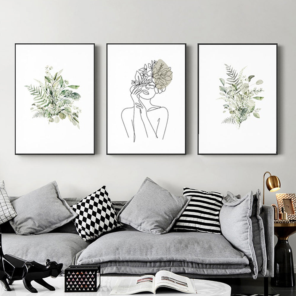 Botanical Line Art Girl Canvas Wall Art Set of 3 with Black Frame (40cm x 60cm)