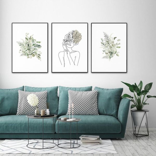 Botanical Line Art Girl Canvas Wall Art Set of 3 with Black Frame (40cm x 60cm)