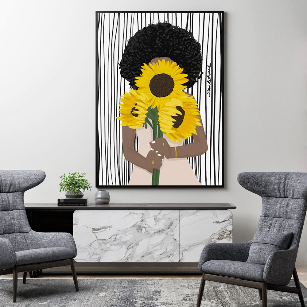 60cmx90cm African Woman Sunflower Black Frame Canvas Wall Art