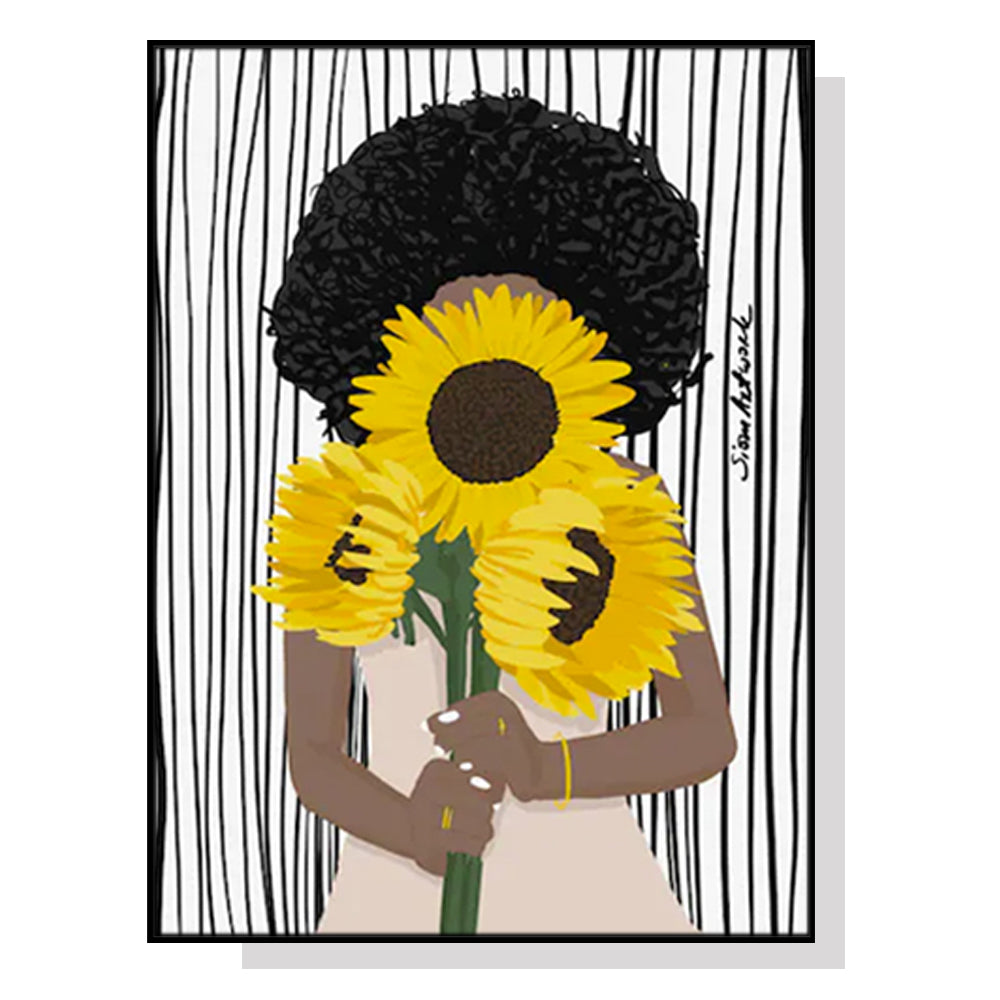 80cmx120cm African Woman Sunflower Black Frame Canvas Wall Art