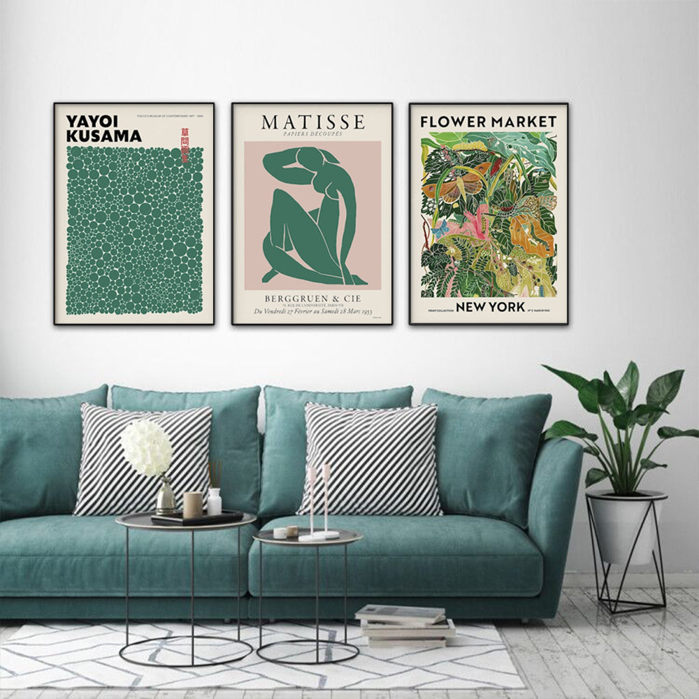 40cmx60cm Flower Market, Matisse Print, Yayoi Kusama 3 Sets Black Frame Canvas Wall Art