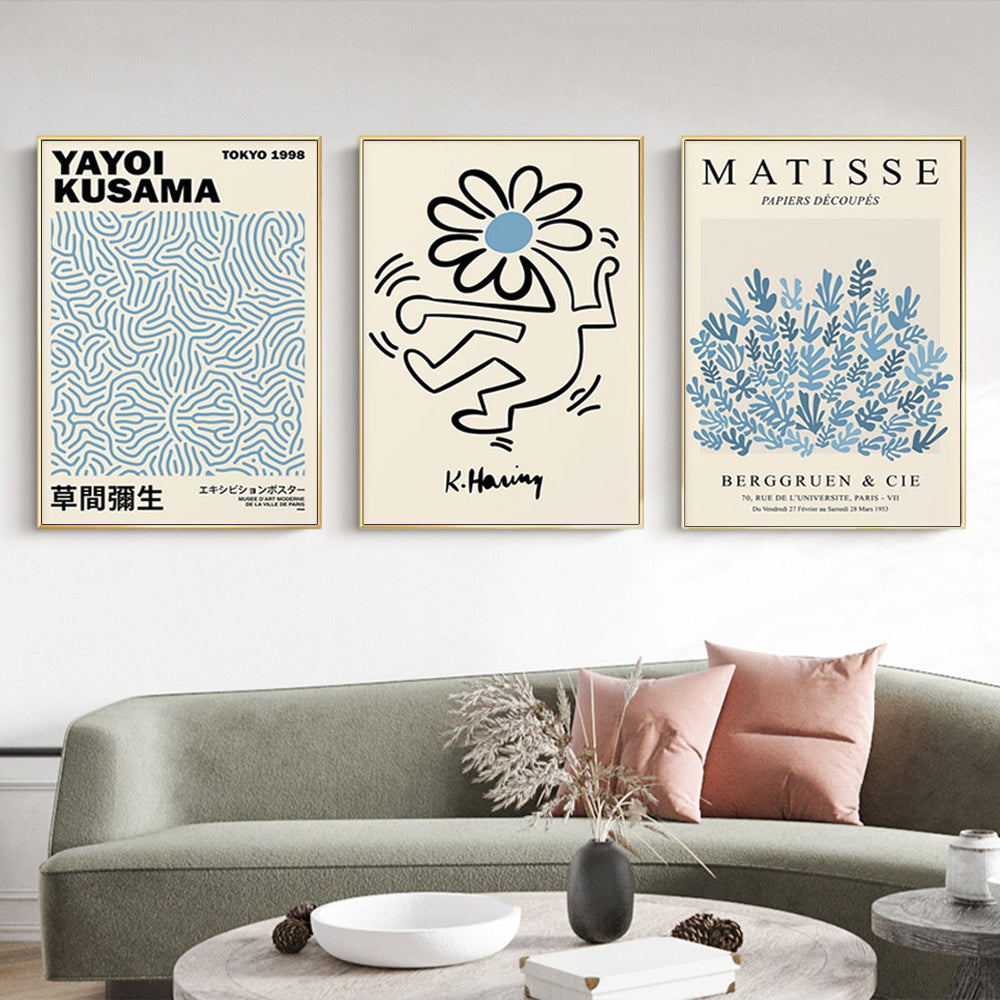 50cmx70cm Blue Matisse,Yayoi Kusama, Keith Haring Mix Art 3 Sets Gold Frame Canvas Wall Art