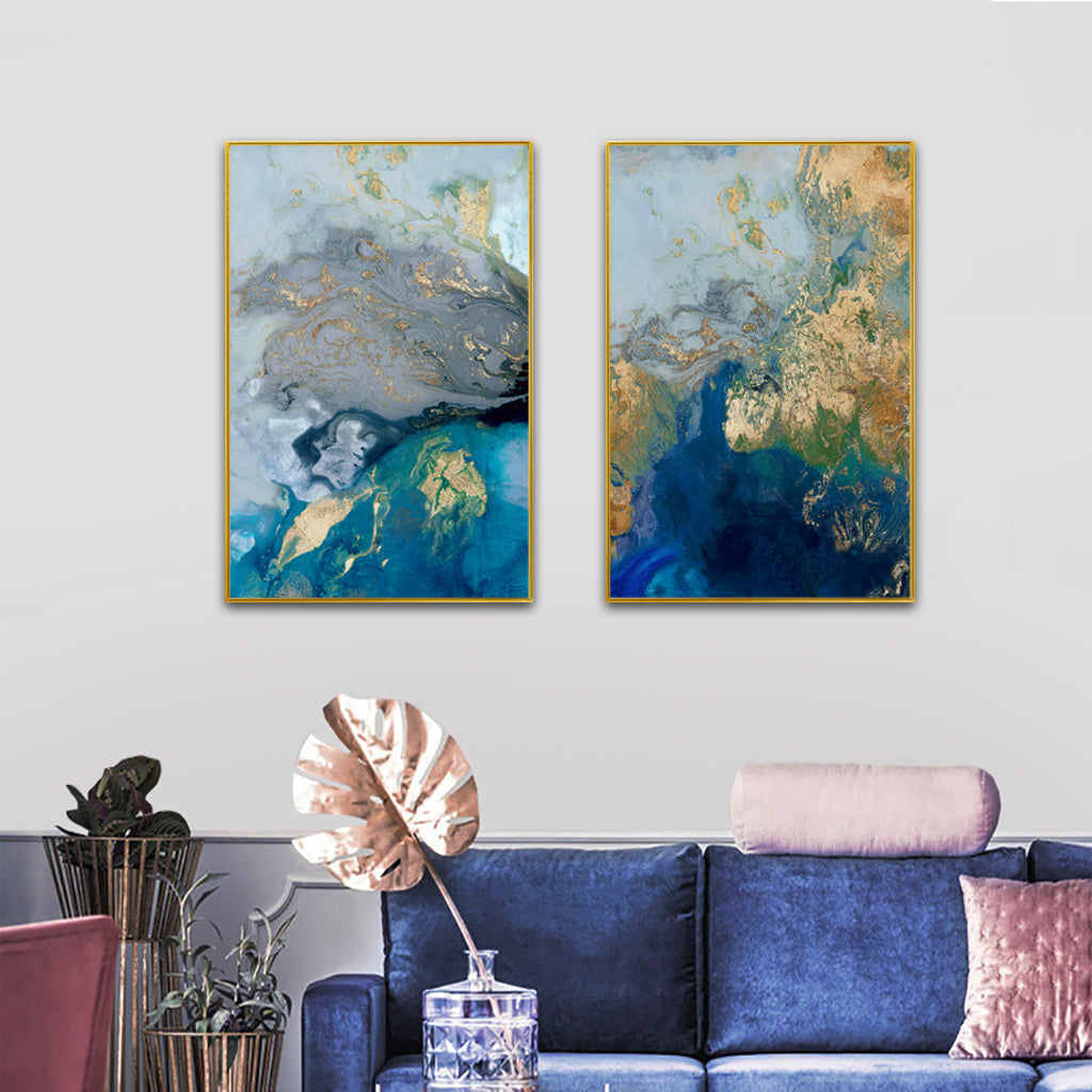 60cmx90cm Marbled Blue And Gold 2 Sets Gold Frame Canvas Wall Art