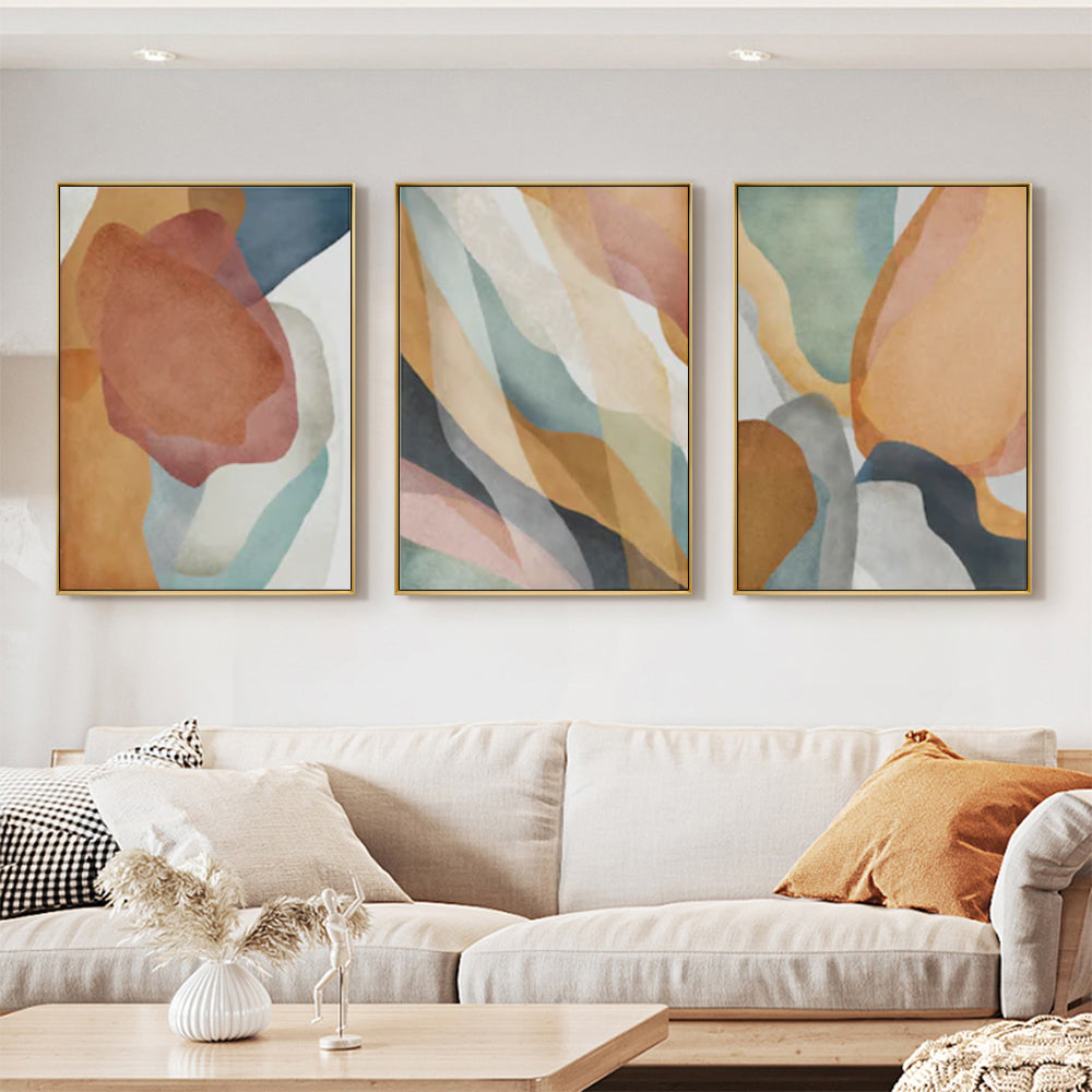 Vibrant Abstract Orange Canvas Wall Art - Set of 3 with Elegant Gold Frames (40cm x 60cm) for Stylish Home Decor