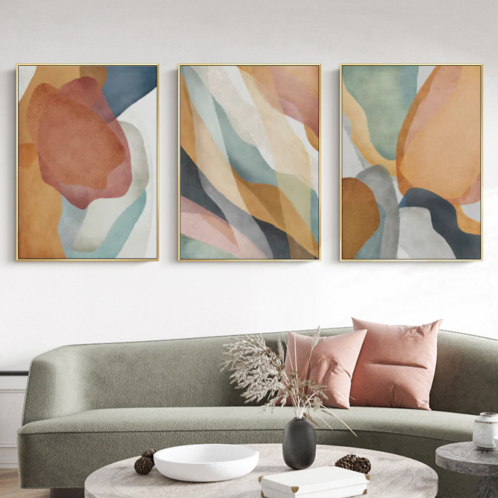 Vibrant Abstract Orange Canvas Wall Art - Set of 3 with Elegant Gold Frames (40cm x 60cm) for Stylish Home Decor