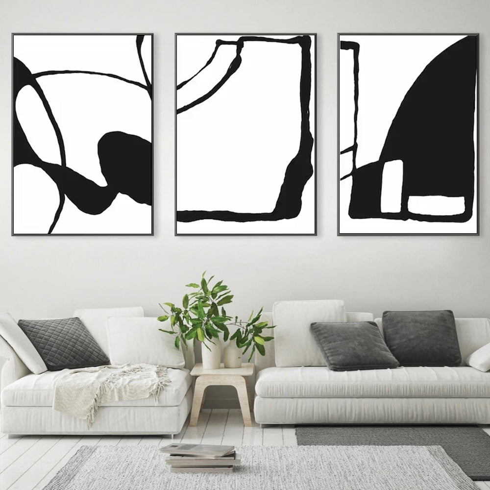 Black and White Canvas Wall Art Set of 3 with Black Frames - 40cm x 60cm