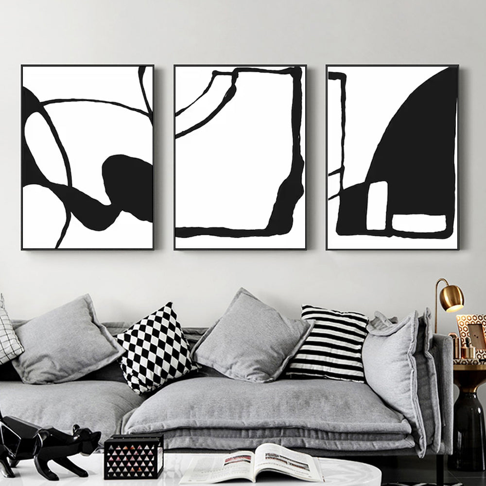 Black and White Canvas Wall Art Set of 3 with Black Frames - 40cm x 60cm