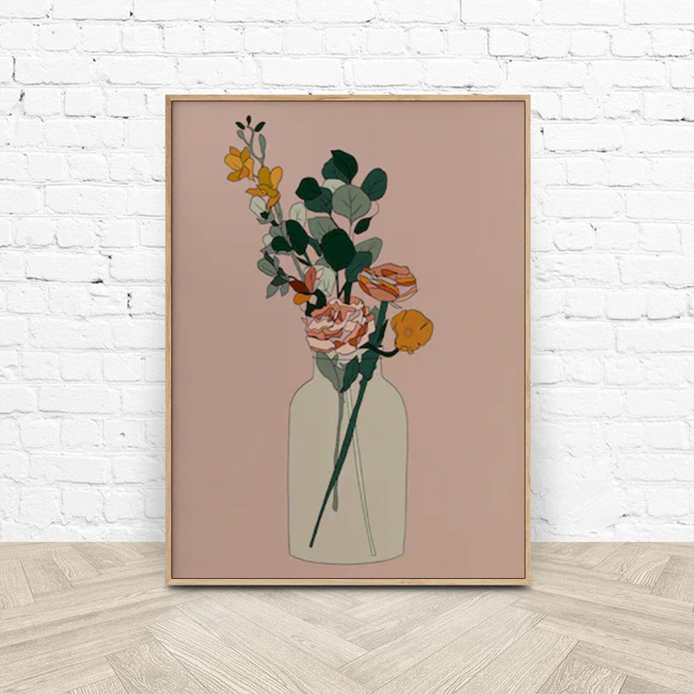 50cm x 70cm Boho Floral Canvas Wall Art: Whimsical Botanical Design with Rustic Wood Frame for Earthy Home Decor Charm