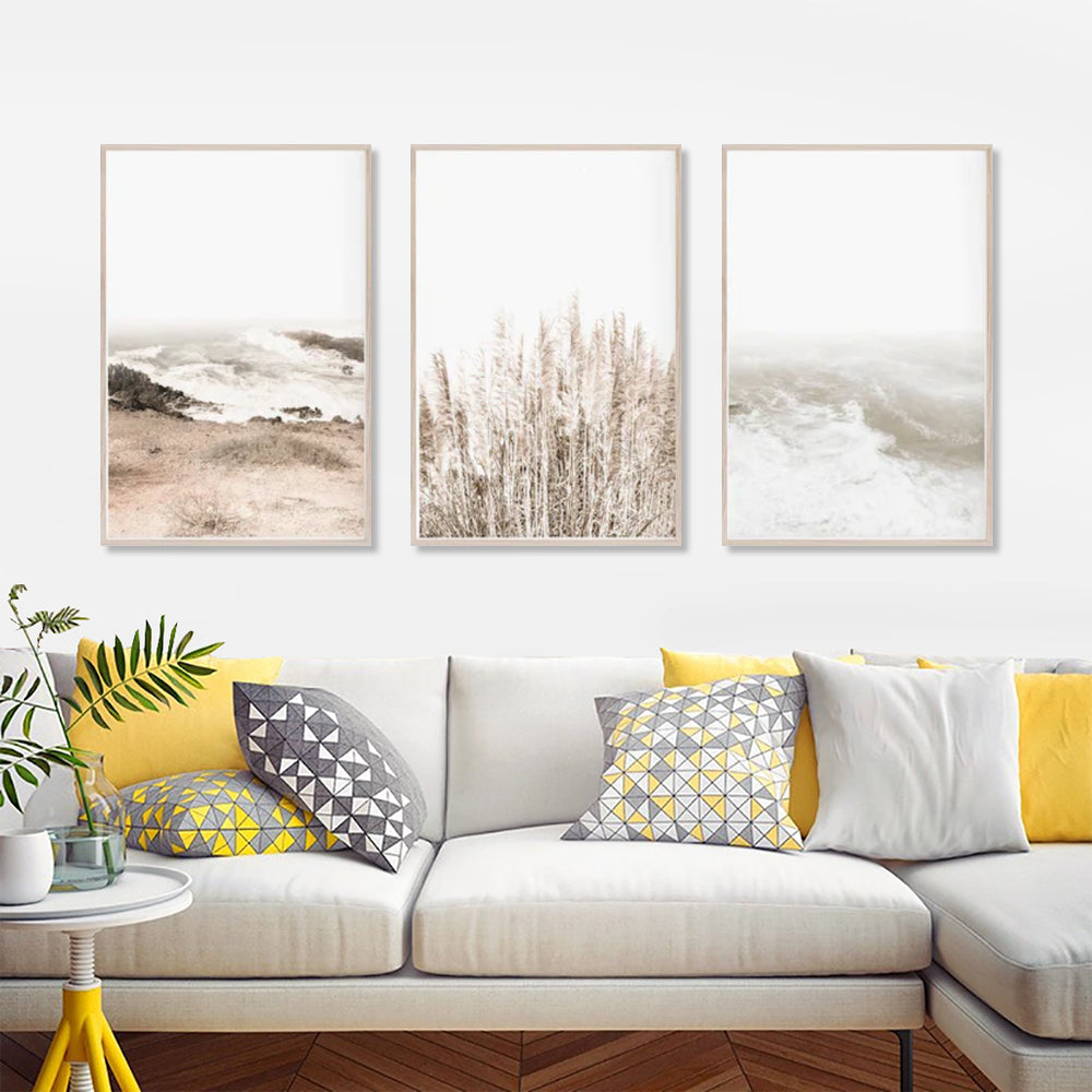 Coastal Beach Scene Canvas Wall Art Set of 3 with Wood Frame (40cm x 60cm)