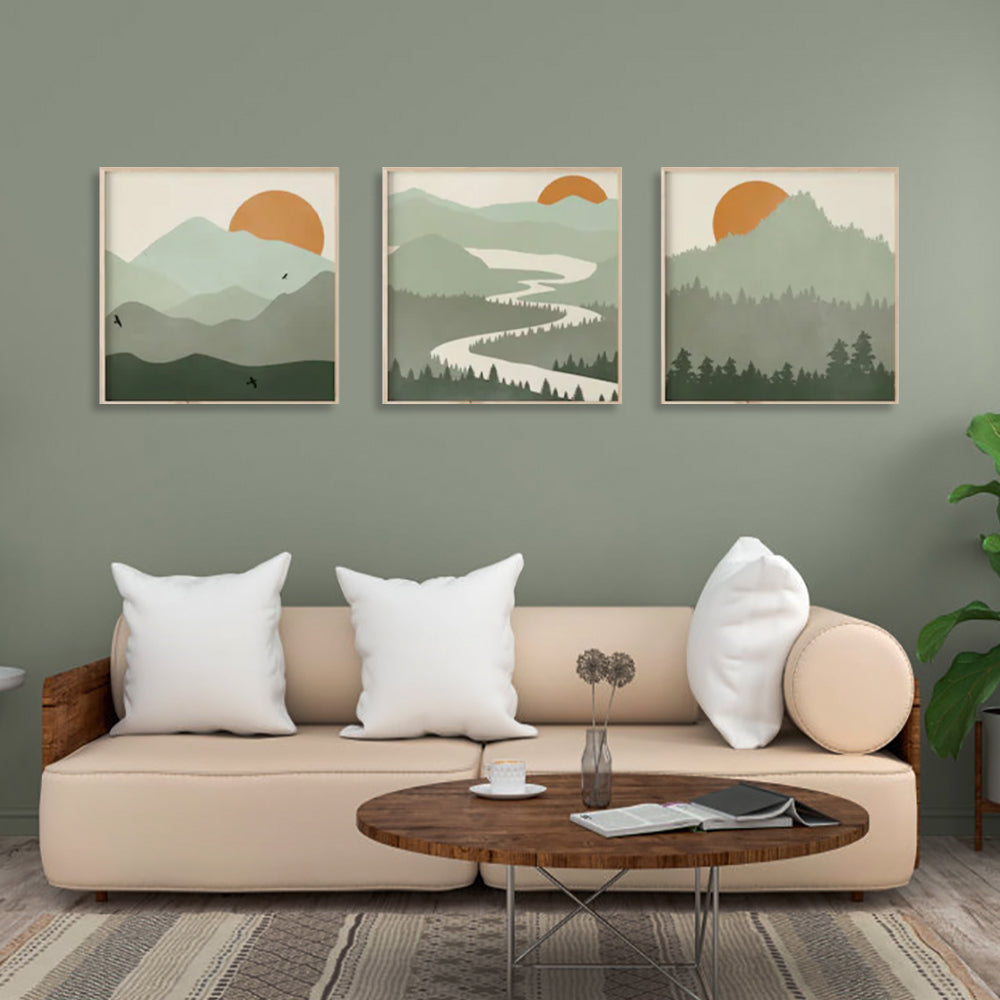 50cmx50cm Sage Green Landscapes 3 Sets Wood Frame Canvas Wall Art