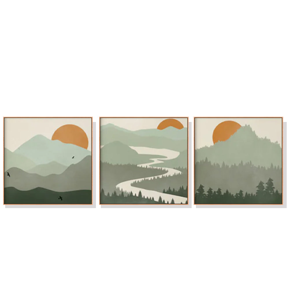 60cmx60cm Sage Green Landscapes 3 Sets Wood Frame Canvas Wall Art