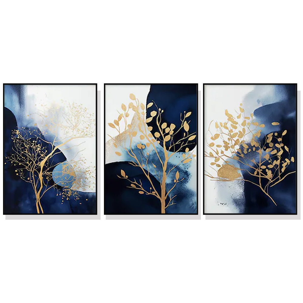 60cmx90cm Navy and Gold Watercolor Shapes 3 Sets Black Frame Canvas Wall Art