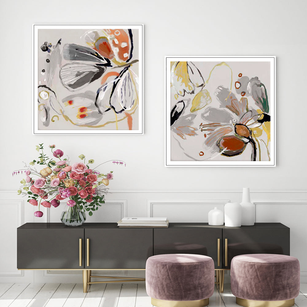 50cmx50cm Blooming Spring Floral 2 Sets White Frame Canvas Wall Art