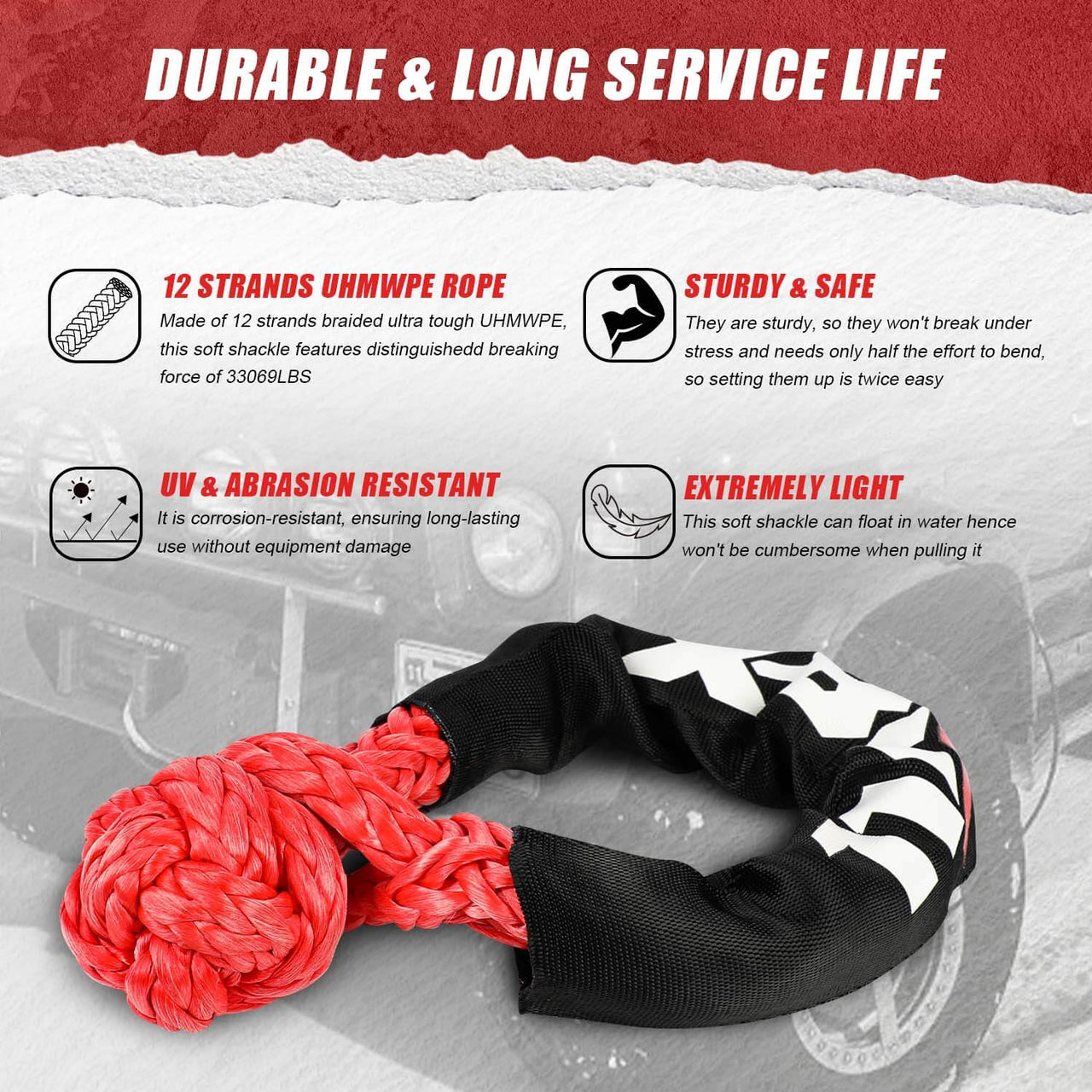 X-BULL 4WD Recovery Kit Kinetic Recovery Rope With 14500LBS Electric Winch 12V Winch 4WD 4X4 Offroad