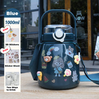 Thumbnail for 1000ml Large Water Bottle Stainless Steel Straw Water Jug with FREE Sticker Packs (Blue)