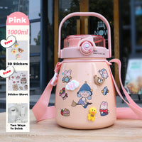 Thumbnail for 1000ml Large Water Bottle Stainless Steel Straw Water Jug with FREE Sticker Packs (Pink)