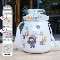 Thumbnail for 1000ml Large Water Bottle Stainless Steel Straw Water Jug with FREE Sticker Packs (White)