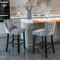 Thumbnail for 2x Velvet Upholstered Button Tufted Bar Stools with Wood Legs and Studs-Grey