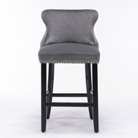 Thumbnail for 2x Velvet Upholstered Button Tufted Bar Stools with Wood Legs and Studs-Grey