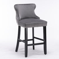 Thumbnail for 2x Velvet Upholstered Button Tufted Bar Stools with Wood Legs and Studs-Grey