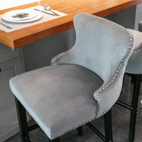 Thumbnail for 2x Velvet Upholstered Button Tufted Bar Stools with Wood Legs and Studs-Grey