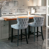 Thumbnail for 2x Velvet Upholstered Button Tufted Bar Stools with Wood Legs and Studs-Grey