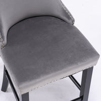 Thumbnail for 2x Velvet Upholstered Button Tufted Bar Stools with Wood Legs and Studs-Grey